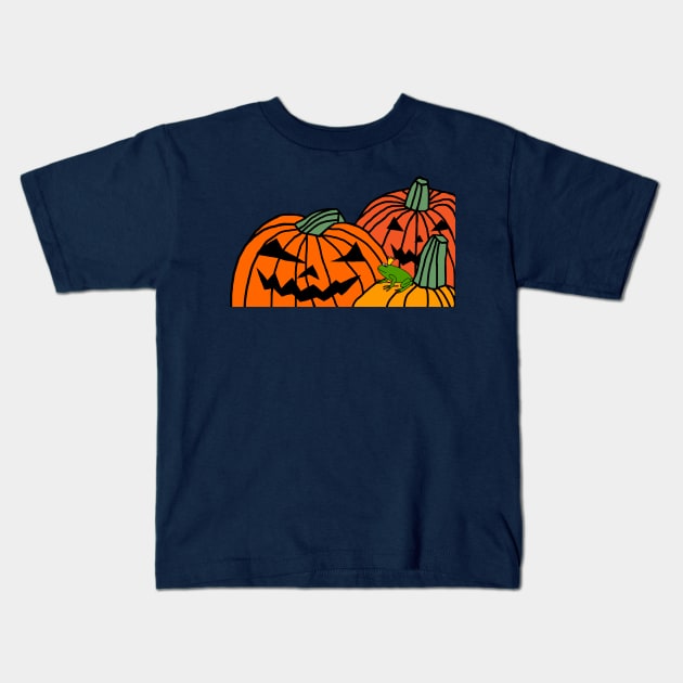 Halloween Horror Green Frog and Spooky Pumpkins Kids T-Shirt by ellenhenryart